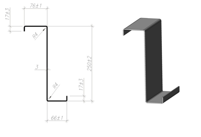 250х66х76х17х3,0 Z образный профиль прогонный чертеж с размерами из стали ст3 (С245, С255, С275). Возможно изготовление из стали С345 или 09Г2С.